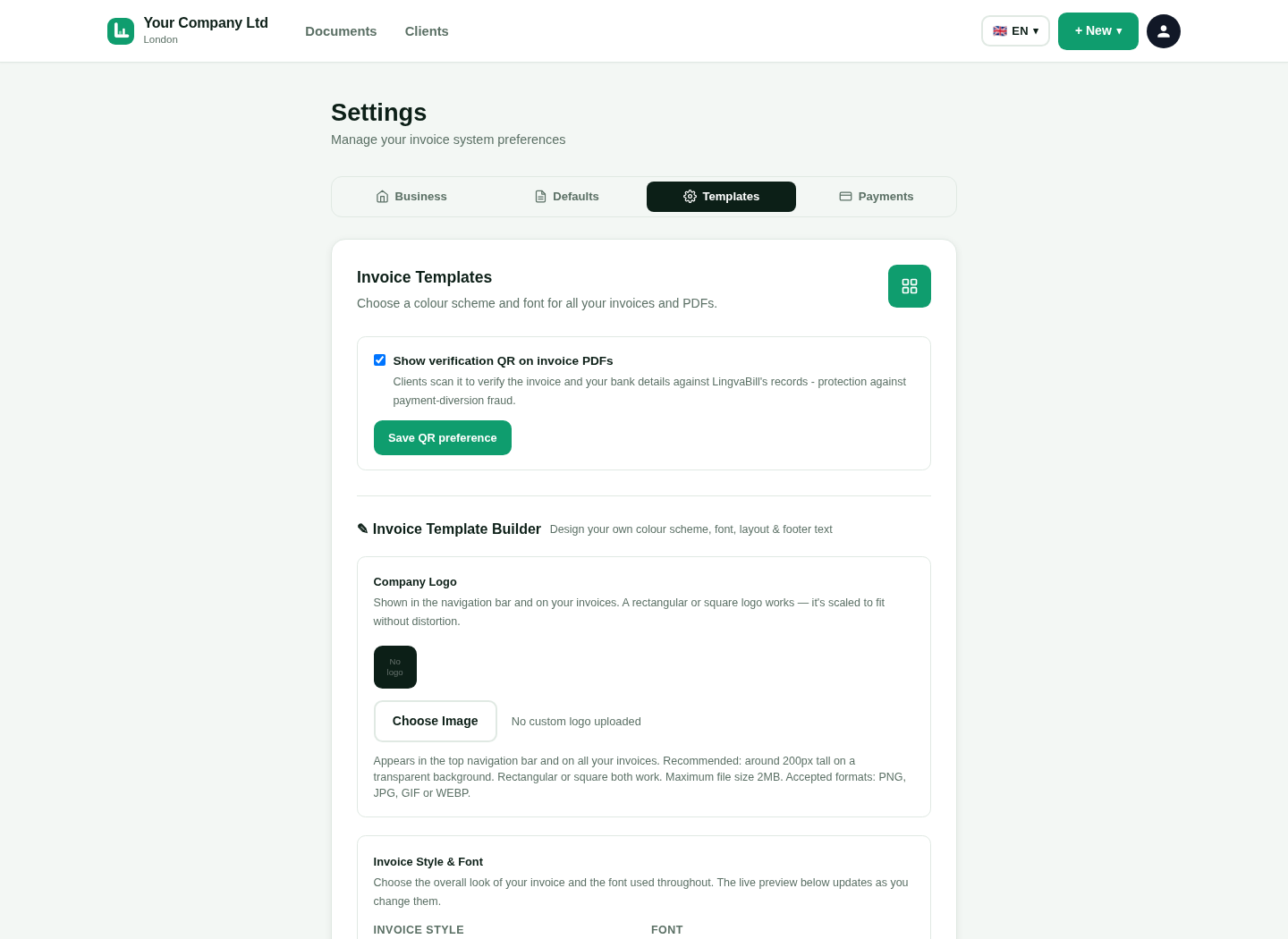 LingvaBill invoice settings for Your Company Ltd